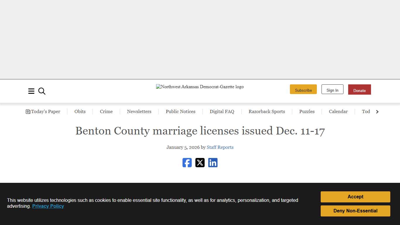 Benton County marriage licenses issued Dec. 11-17 Northwest Arkansas Democrat-Gazette